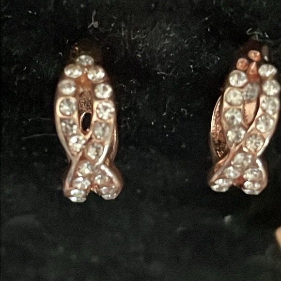 1” rose gold tone infinity stud earrings with 18 prong set crystals - Picture 7 of 16